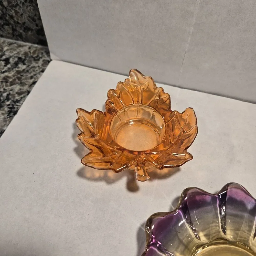 Vintage Federal Glass Celestial Candle Holder Set - Iridescent Sunburst & Autumn